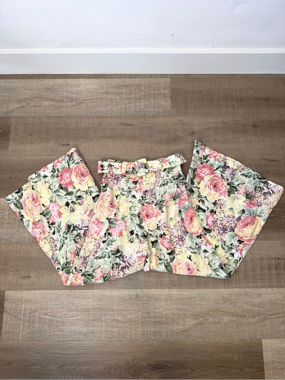 Faithfull The Brand Size S (4) Linen Ivory Floral Wide Leg Belted Paperbag Pants